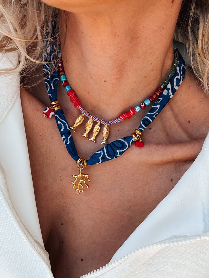 Necklace-Bohemian blue bandana scarf & colorful beaded fish