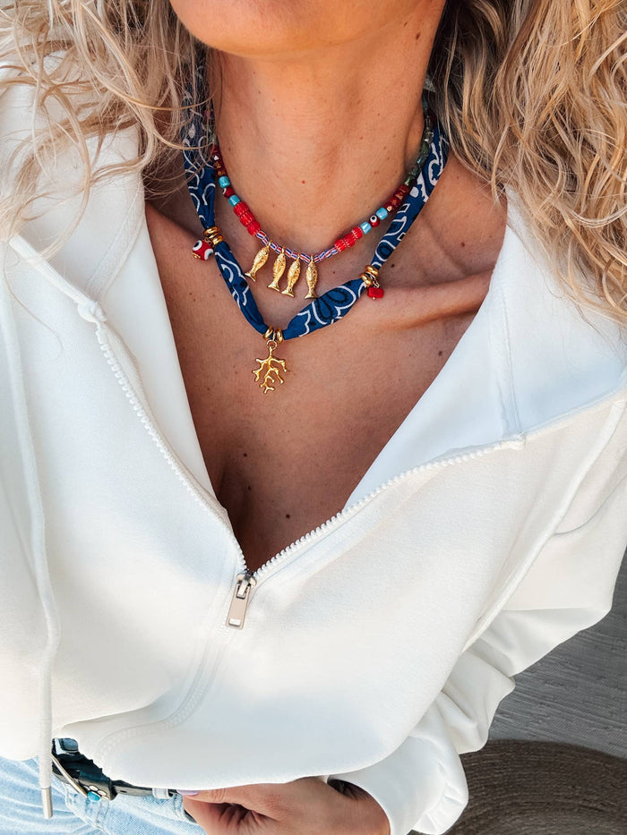 Necklace-Bohemian blue bandana scarf & colorful beaded fish