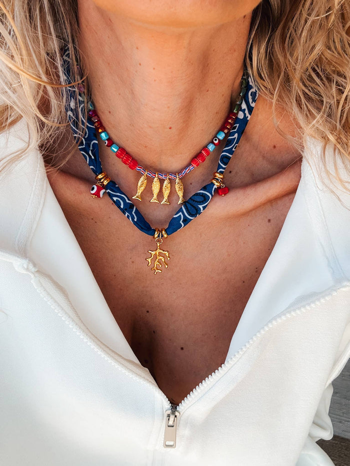 Necklace-Bohemian blue bandana scarf & colorful beaded fish