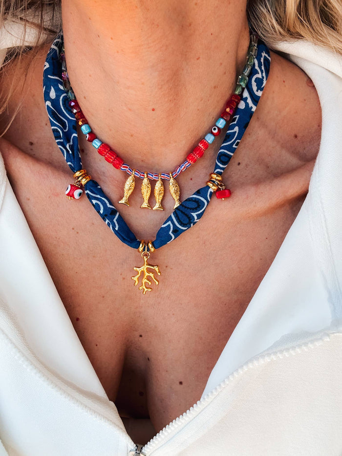 Necklace-Bohemian blue bandana scarf & colorful beaded fish