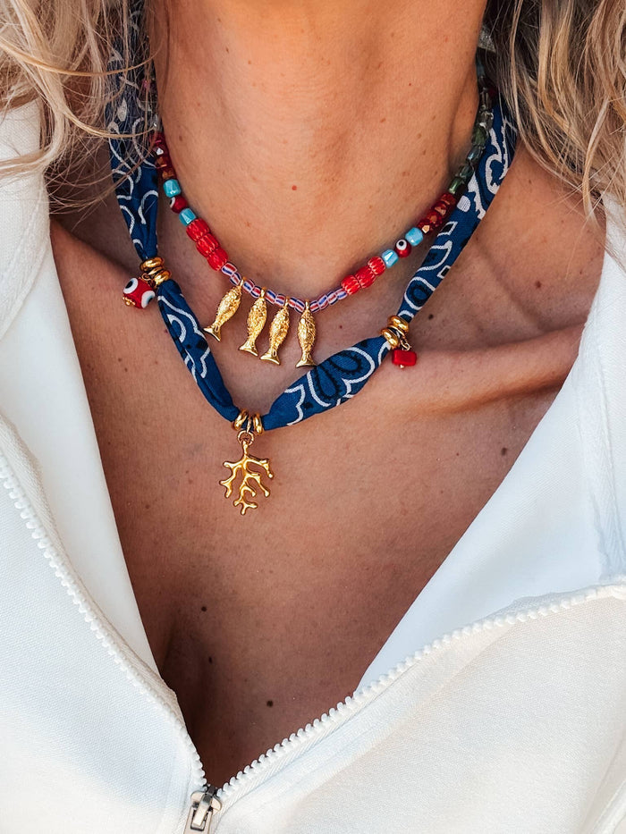 Necklace-Bohemian blue bandana scarf & colorful beaded fish