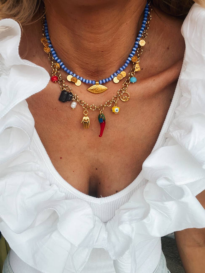 Necklace-Multi charm summerstyle and dark blue beaded necklace