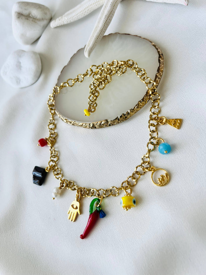 Necklace-Multi charm summerstyle and dark blue beaded necklace