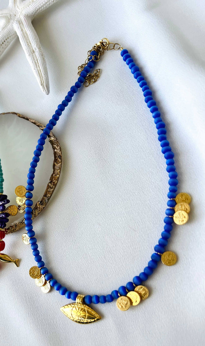 Necklace-Multi charm summerstyle and dark blue beaded necklace