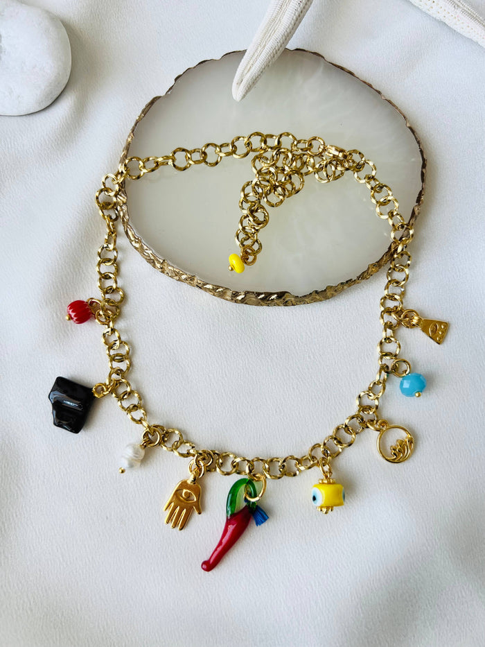 Necklace-Multi charm summerstyle and dark blue beaded necklace