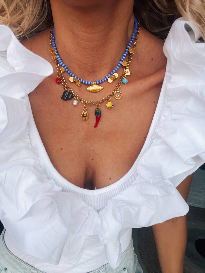 Necklace-Multi charm summerstyle and dark blue beaded necklace