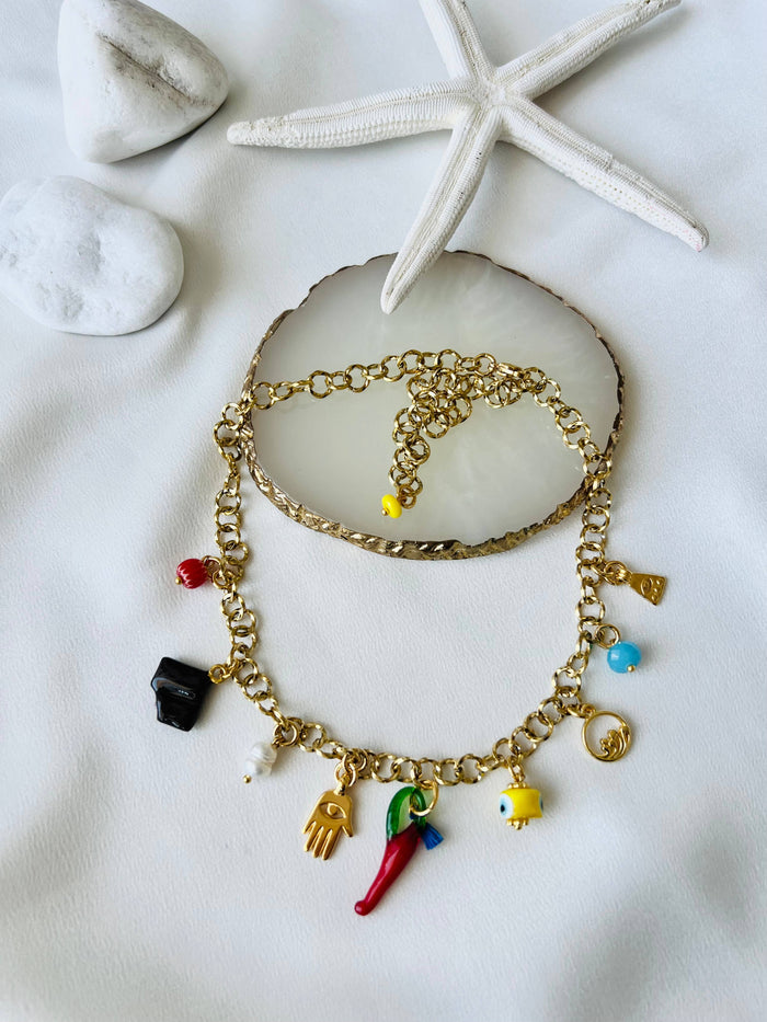 Necklace-Multi charm summerstyle and dark blue beaded necklace
