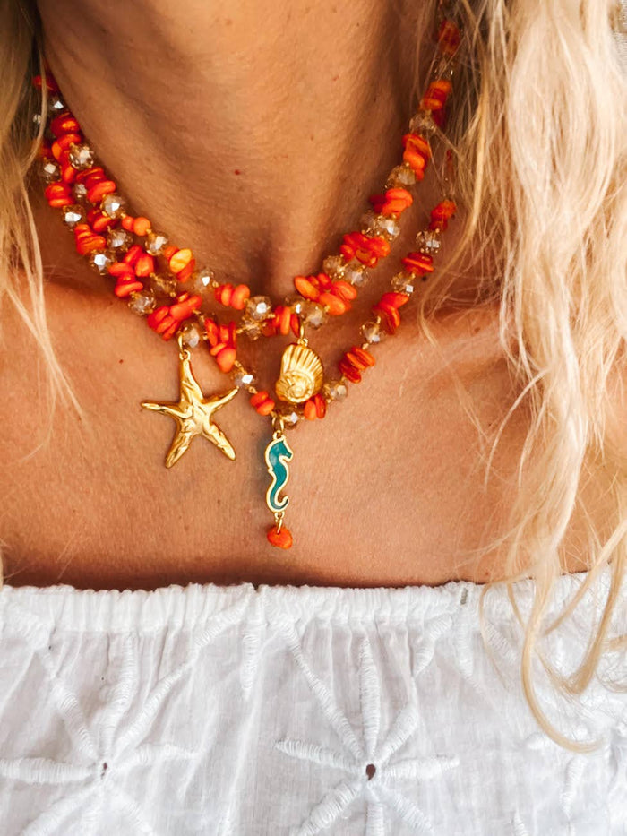 Necklace-Orange beaded semiprecious chips