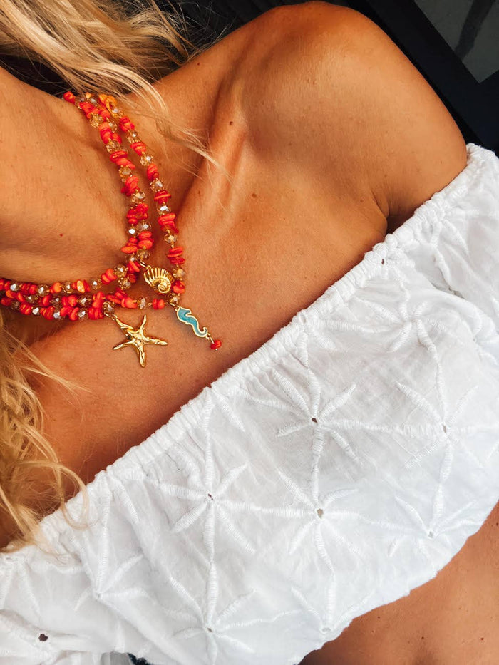 Necklace-Orange beaded semiprecious chips