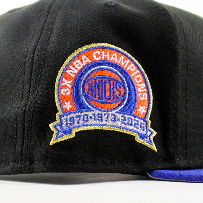 New York Knicks Champions Patch New Era 9Fifty Snapback Hat (Black Royal Blue Gray Under Brim)
