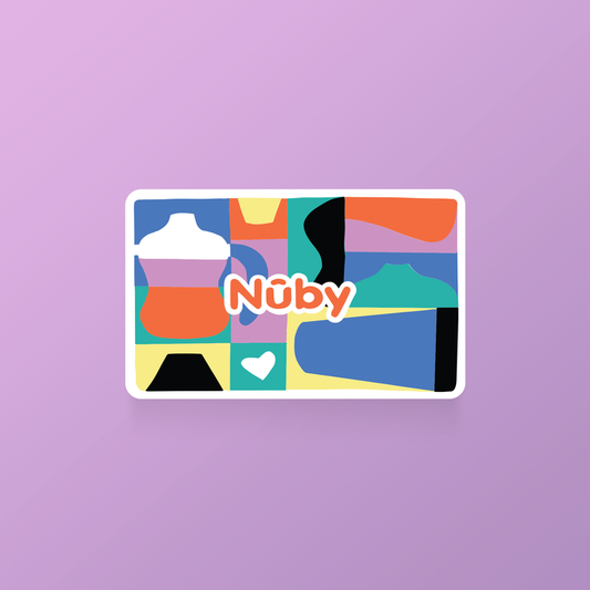 The Nuby Digital Gift Card is a colorful e-gift card with abstract shapes and the Nuby logo, ideal for buying baby and toddler products.