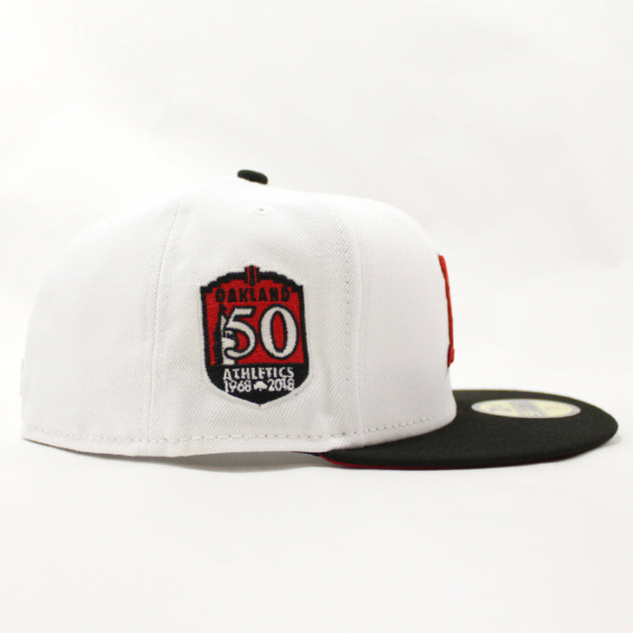 Oakland Athletics 50TH ANNIVERSARY New Era 59Fifty Fitted Hat (GITD White Black Visor Red Under Brim)