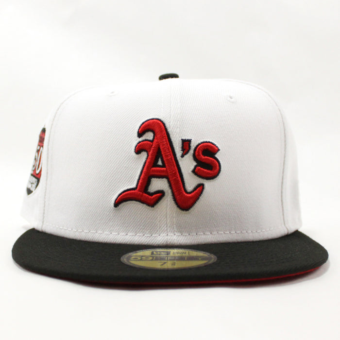 Oakland Athletics 50TH ANNIVERSARY New Era 59Fifty Fitted Hat (GITD White Black Visor Red Under Brim)