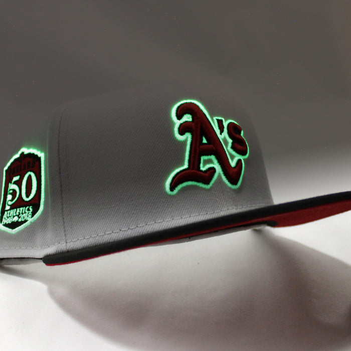 Oakland Athletics 50TH ANNIVERSARY New Era 59Fifty Fitted Hat (GITD White Black Visor Red Under Brim)