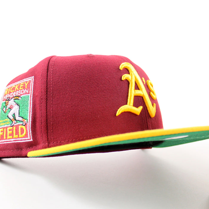 Oakland Athletics Ricky Henderson New Era 59Fifty Fitted Hat (Cardinal Red Gold Green Under Brim)