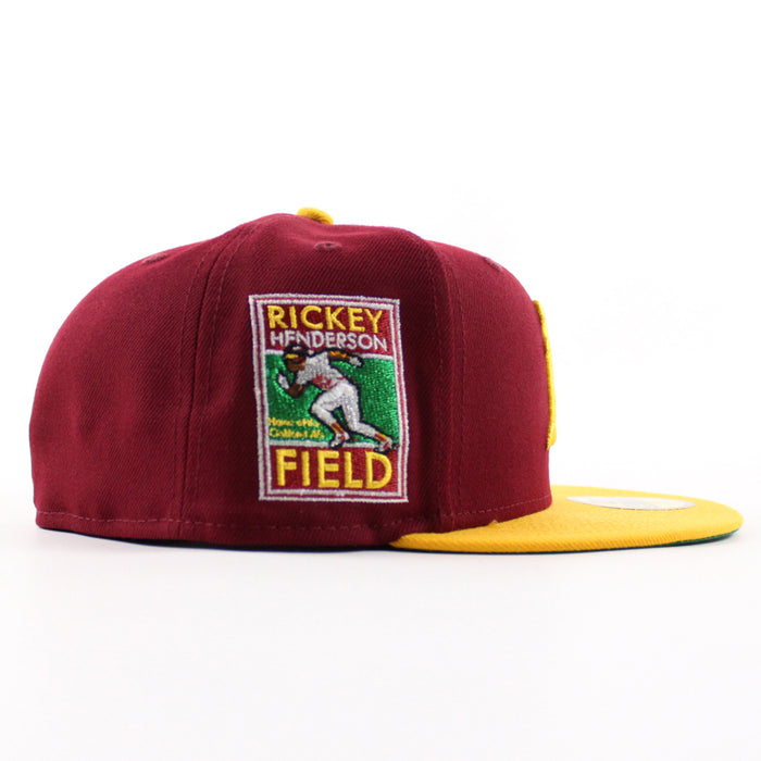 Oakland Athletics Ricky Henderson New Era 59Fifty Fitted Hat (Cardinal Red Gold Green Under Brim)