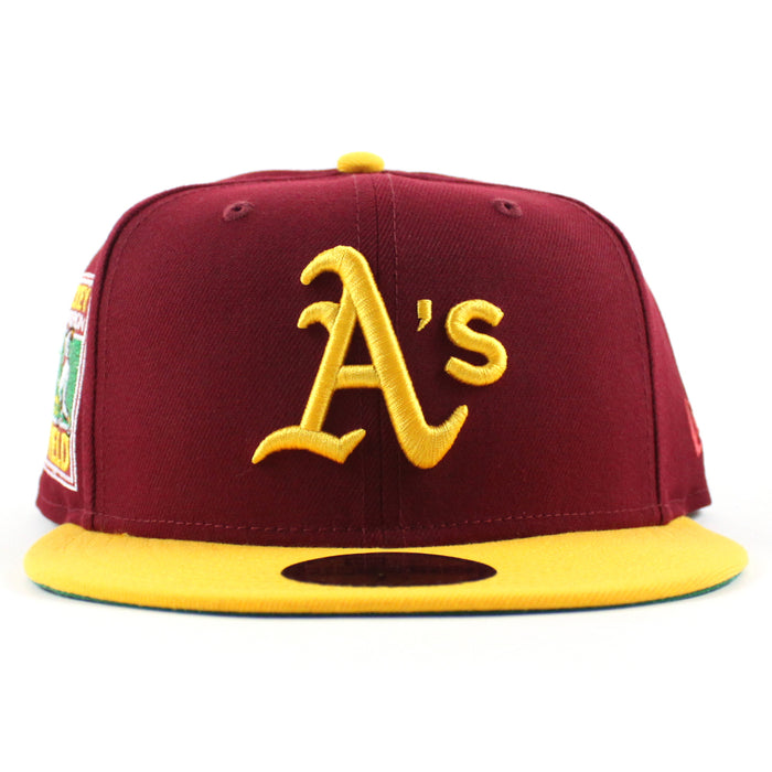 Oakland Athletics Ricky Henderson New Era 59Fifty Fitted Hat (Cardinal Red Gold Green Under Brim)