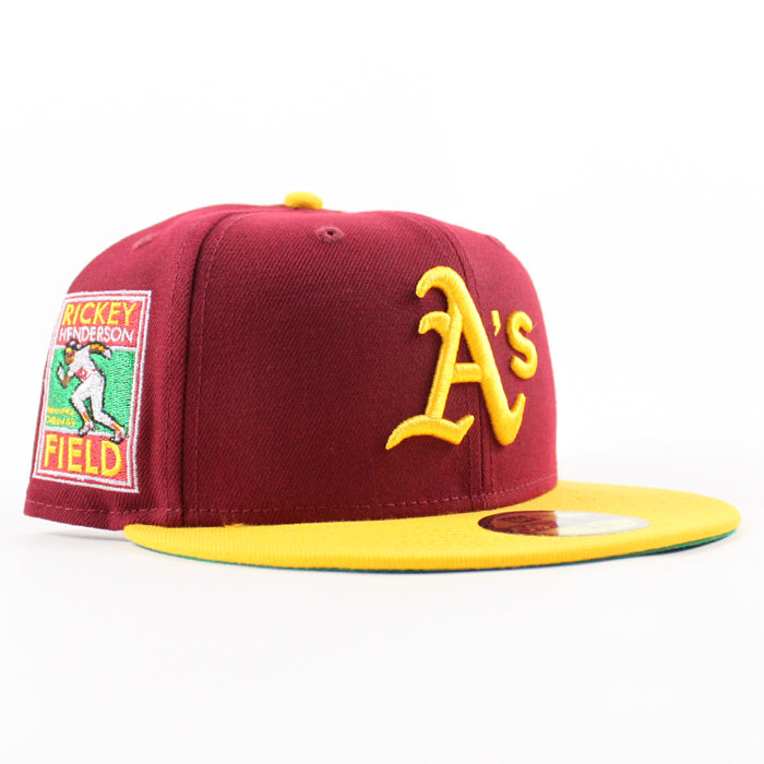 Oakland Athletics Ricky Henderson New Era 59Fifty Fitted Hat (Cardinal Red Gold Green Under Brim)