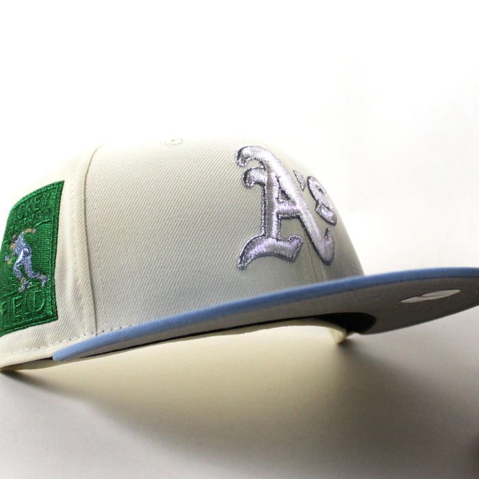 Oakland Athletics Ricky Henderson New Era 59Fifty Fitted Hat (Chrome White Sky Blue Gray Under Brim)