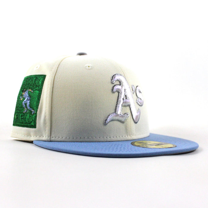 Oakland Athletics Ricky Henderson New Era 59Fifty Fitted Hat (Chrome White Sky Blue Gray Under Brim)