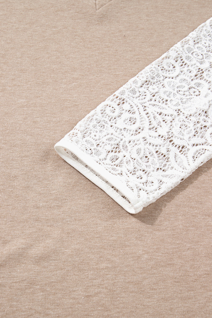 Oatmeal V Neck Contrast Lace Patchwork Long Sleeve Top