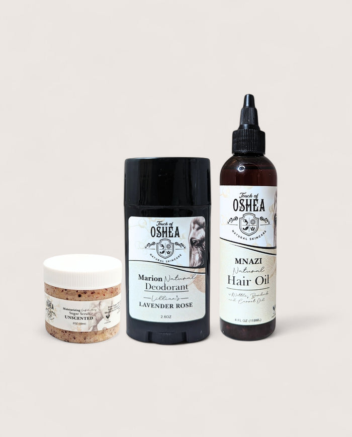 OShea ForgetMeNots – Hair Oil, Deodorant & Scrub Mini Set