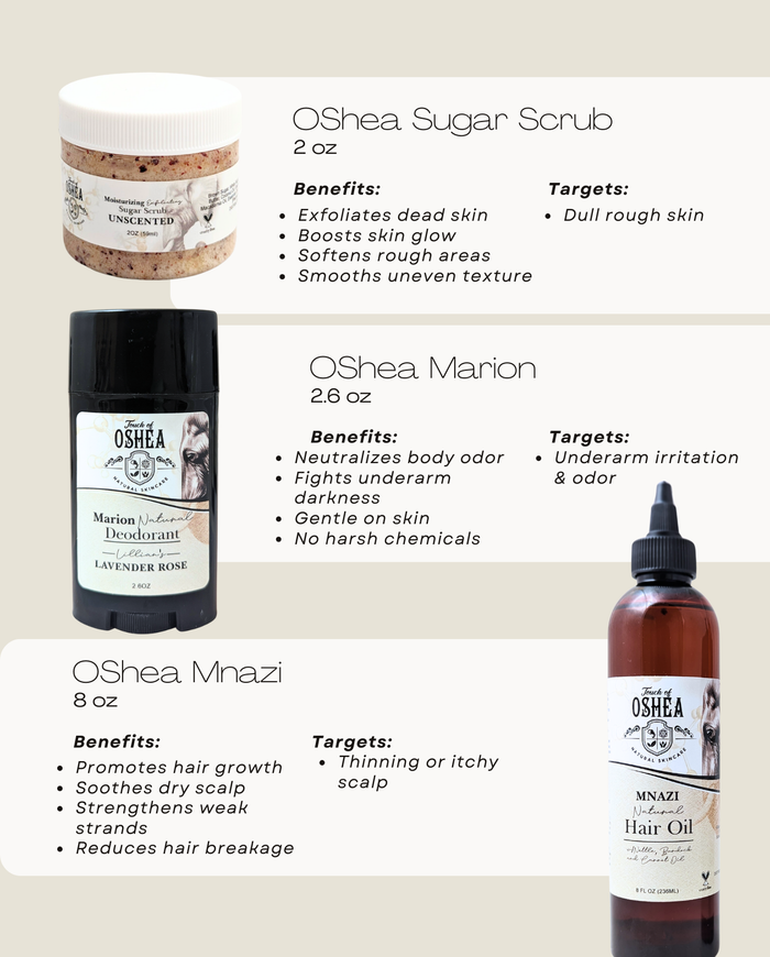 OShea ForgetMeNots – Hair Oil, Deodorant & Scrub Mini Set