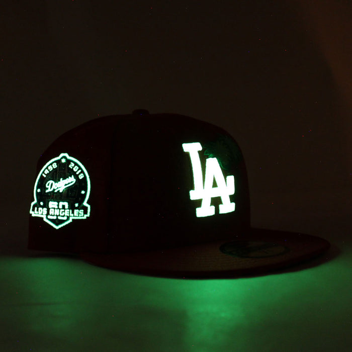 Palm Tree Los Angeles Dodgers 50TH Anniversary New Era 59Fifty Fitted Hat (Glow in the Dark Logo Red Floral Under Brim)