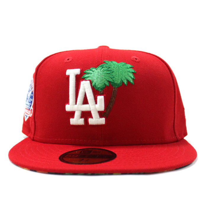 Palm Tree Los Angeles Dodgers 50TH Anniversary New Era 59Fifty Fitted Hat (Glow in the Dark Logo Red Floral Under Brim)