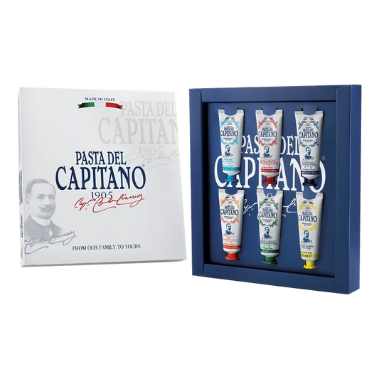 Pasta del Capitano 1905 tannkrem gavesett med seks varianter i hvit og fargeaccentert design