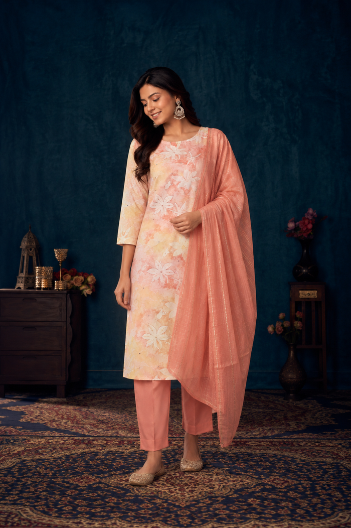 Peach Blossom Floral Kurta Pant & Dupatta Set