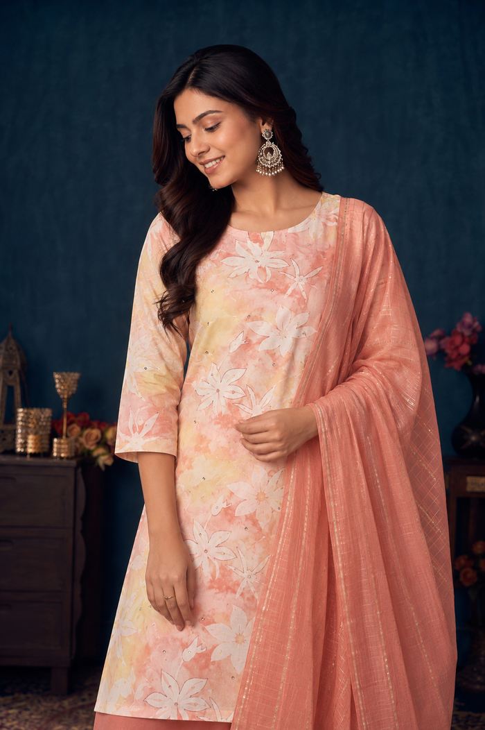 Peach Blossom Floral Kurta Pant & Dupatta Set