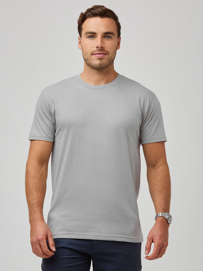 Jake is 5'11" and wears size M # Crew Neck Tee | Men's Pebble Grey Tee | Find Your Perfect Fit (S-4XL Sizes)