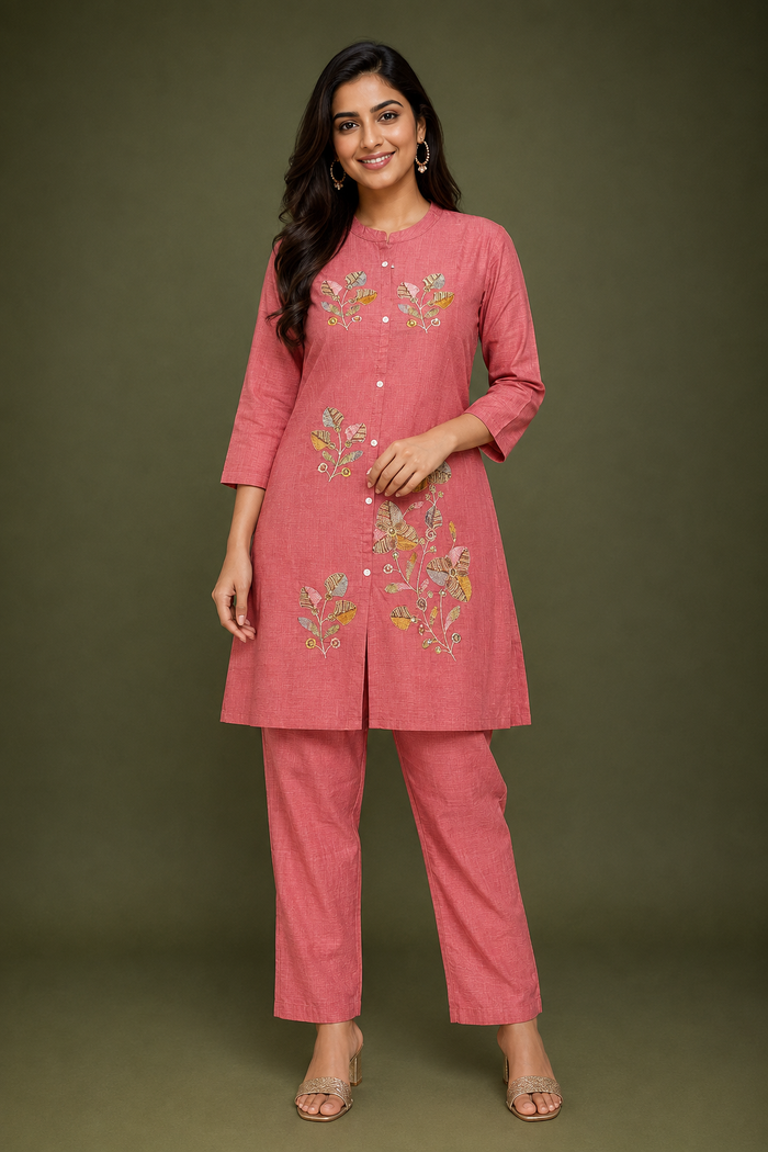 Pink Floral Embroidered Kurta Pant Set