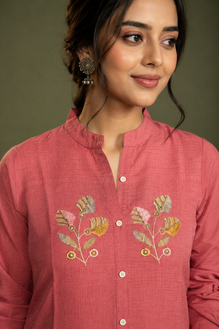 Pink Floral Embroidered Kurta Pant Set