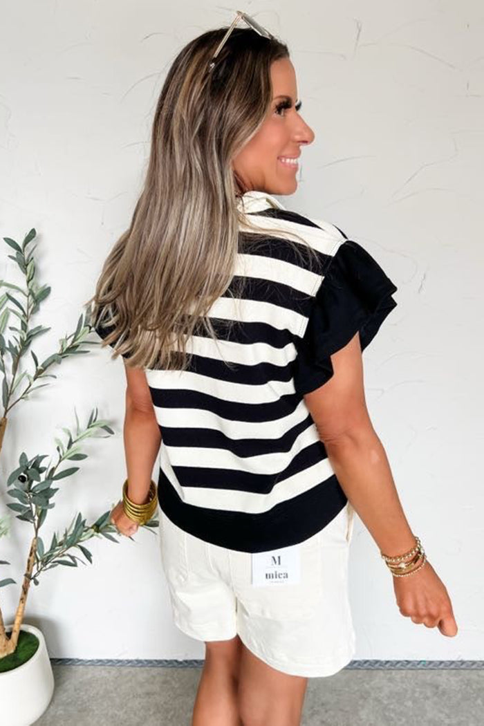 Pink Stripe Collar V Neck Ruffled Short Sleeve Blouse