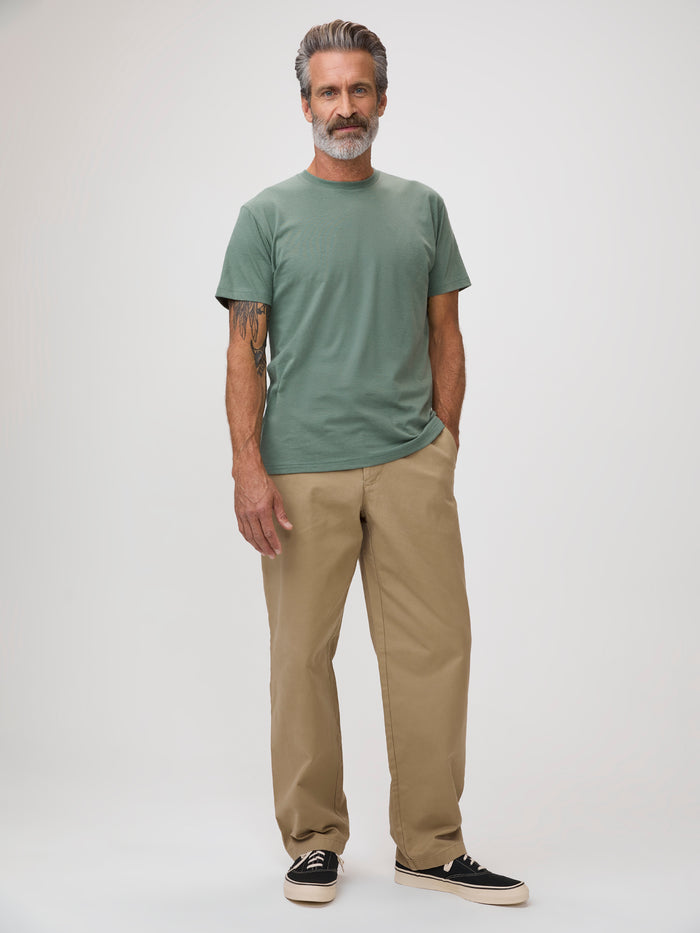 Michael is 6'1" and wears a size M # Pistachio Crew with Khaki Pants | Fresh Clean Threads