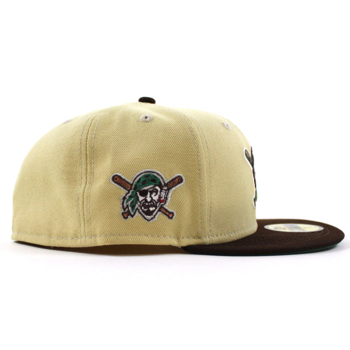 Pittsburgh Pirates PIRATES Patch 59Fifty New Era Fitted Hat (VEGAS GOLD BURNT WOOD EMERALD GREEN Under Brim)