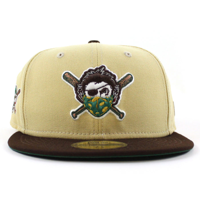 Pittsburgh Pirates PIRATES Patch 59Fifty New Era Fitted Hat (VEGAS GOLD BURNT WOOD EMERALD GREEN Under Brim)