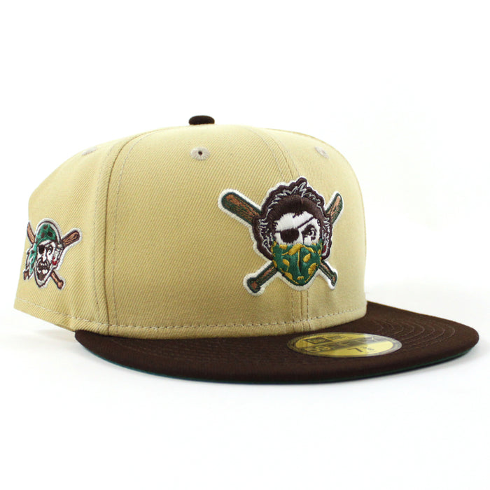 Pittsburgh Pirates PIRATES Patch 59Fifty New Era Fitted Hat (VEGAS GOLD BURNT WOOD EMERALD GREEN Under Brim)