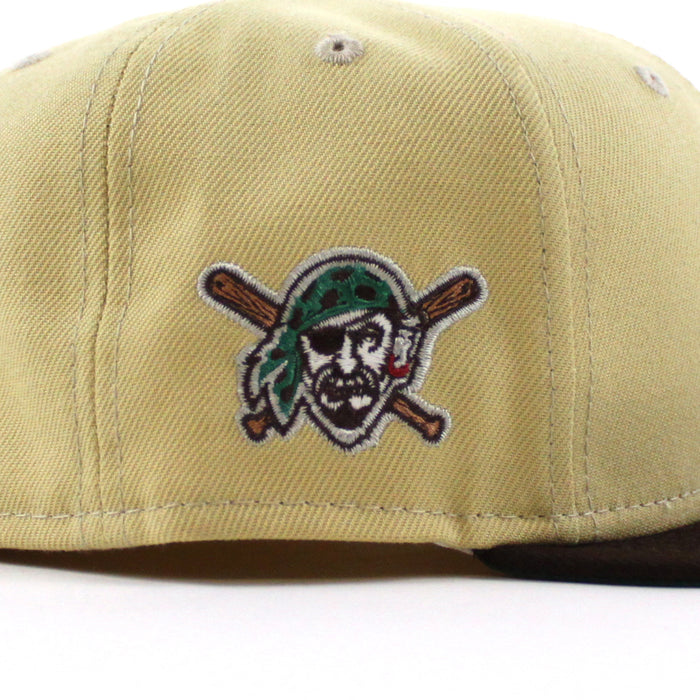 Pittsburgh Pirates PIRATES Patch 59Fifty New Era Fitted Hat (VEGAS GOLD BURNT WOOD EMERALD GREEN Under Brim)