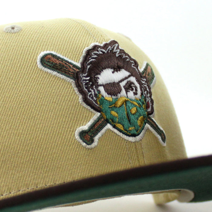 Pittsburgh Pirates PIRATES Patch 59Fifty New Era Fitted Hat (VEGAS GOLD BURNT WOOD EMERALD GREEN Under Brim)