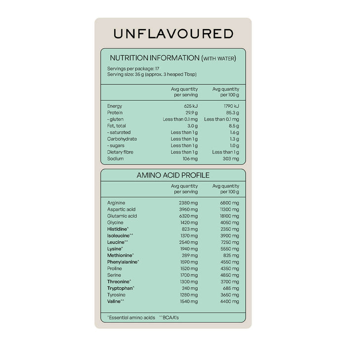 Nutrition information and amino acid profile label for unflavoured plant protein by Matakana Superfoods.