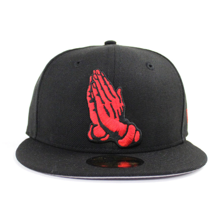 Praying Hands New Era 59Fifty Fitted Hat (Black Red Gray Under Brim)