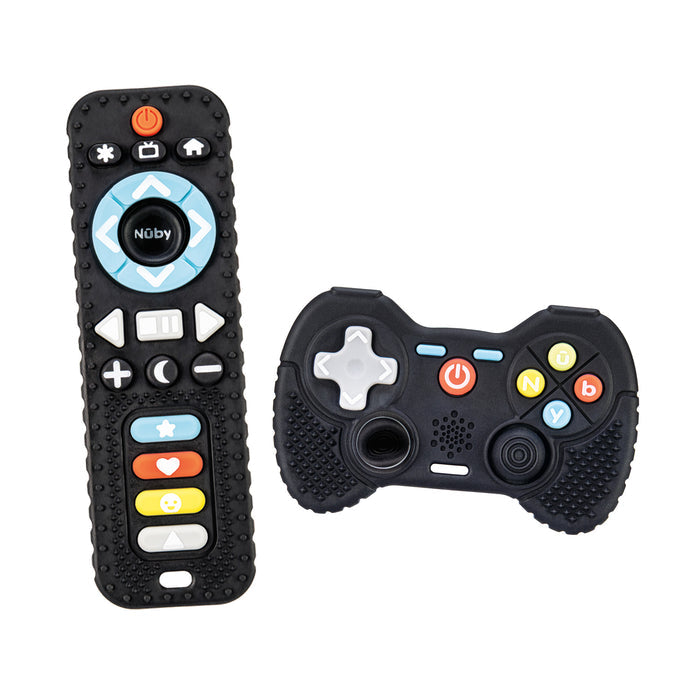 Introducing the Press Play Bundle: a set of two vibrant sensory toys—one resembling a TV remote and the other a game controller—crafted from safe, textured black silicone teether material. Each toy features bright blue, white, orange, and yellow buttons, making them perfect for babies who love to explore different textures by touch.