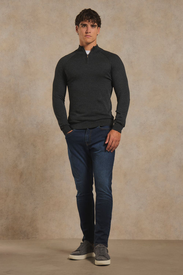 Pure Cotton Knitted Half Zip Neck Sweater in Anthracite
