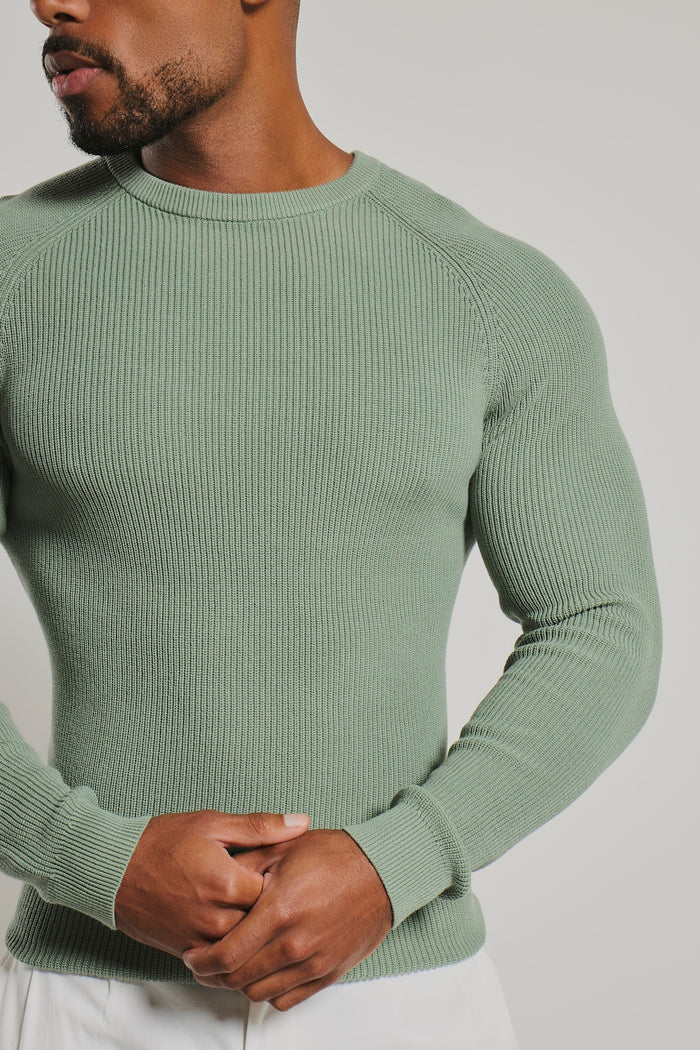 Pure Cotton Knitted Textured Crew Neck Sweater in Sage
