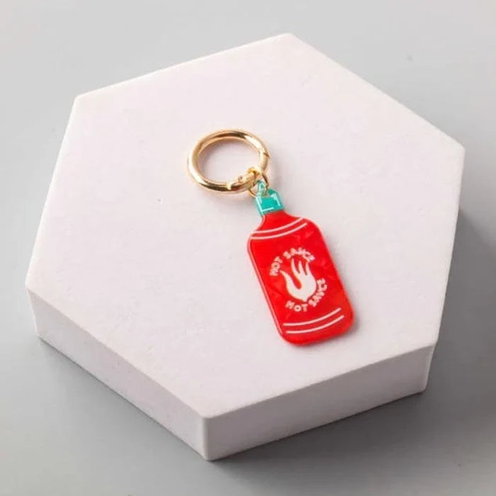 Red Hot Sauce Bottle & Chili Pepper Enamel Charm Keychain - Gold Hardware (CR1174)