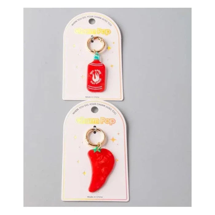 Red Hot Sauce Bottle & Chili Pepper Enamel Charm Keychain - Gold Hardware (CR1174)
