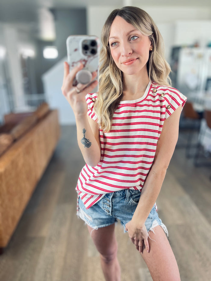 Red Stripe Button Top